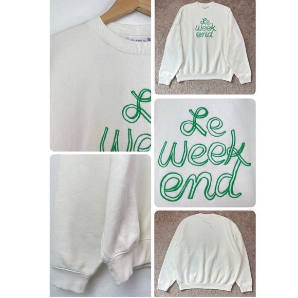 Clare V ‘Le Weekend’ Embroidered Oversized Cream Crewneck Sweatshirt Size Medium - Picture 9 of 16